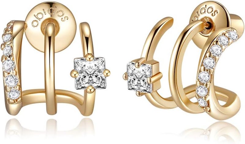 Obidos 14K Gold Plated Triple Huggie Illusion Stud Earrings | Double Huggie Hoop Earrings for One Hole | Gold Hoop Earrings for Women | Drop earrings - Image 1